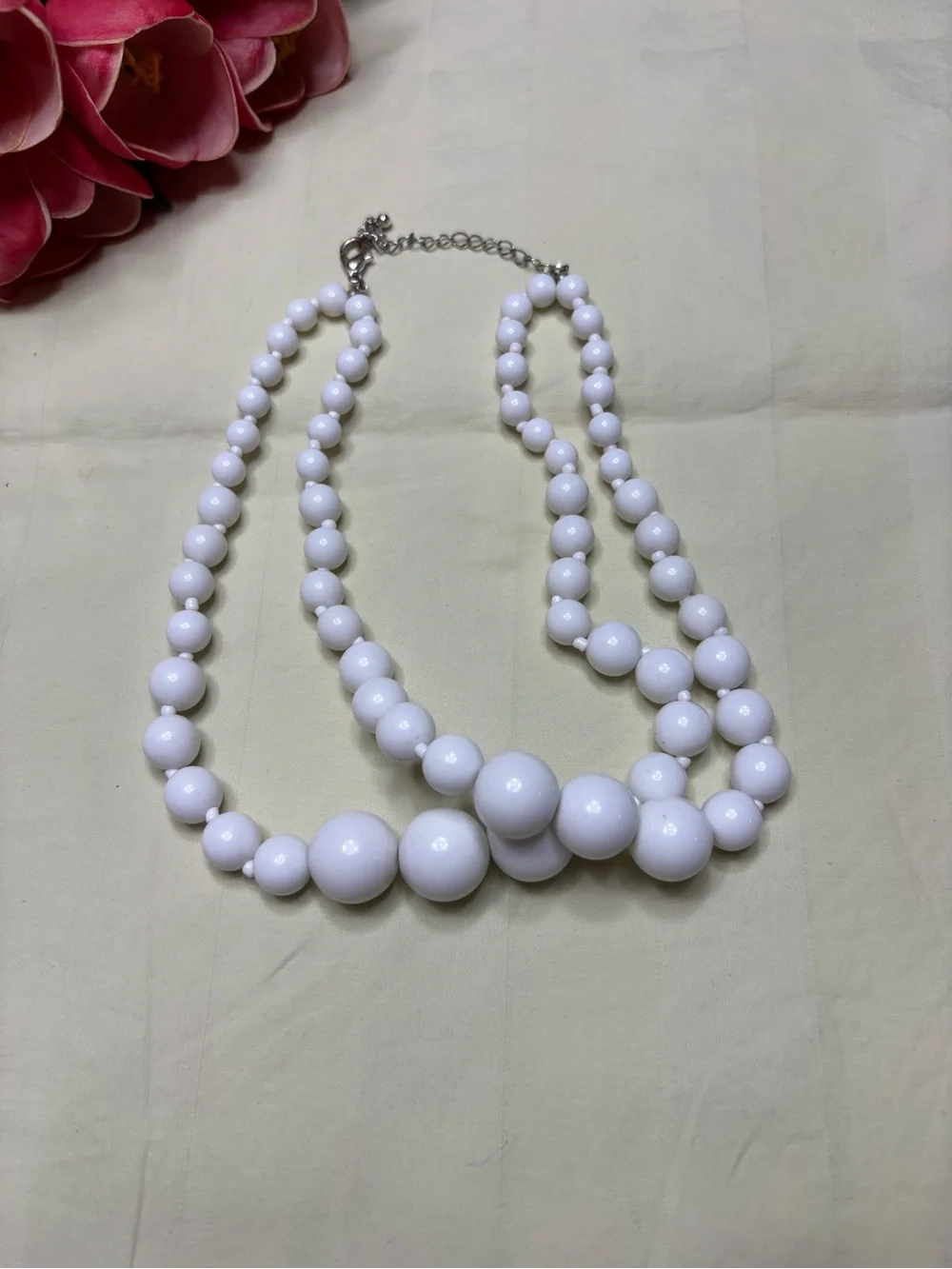 Double-Strand White Graduated Bead Statement Necklace - Silver Tone Clasp